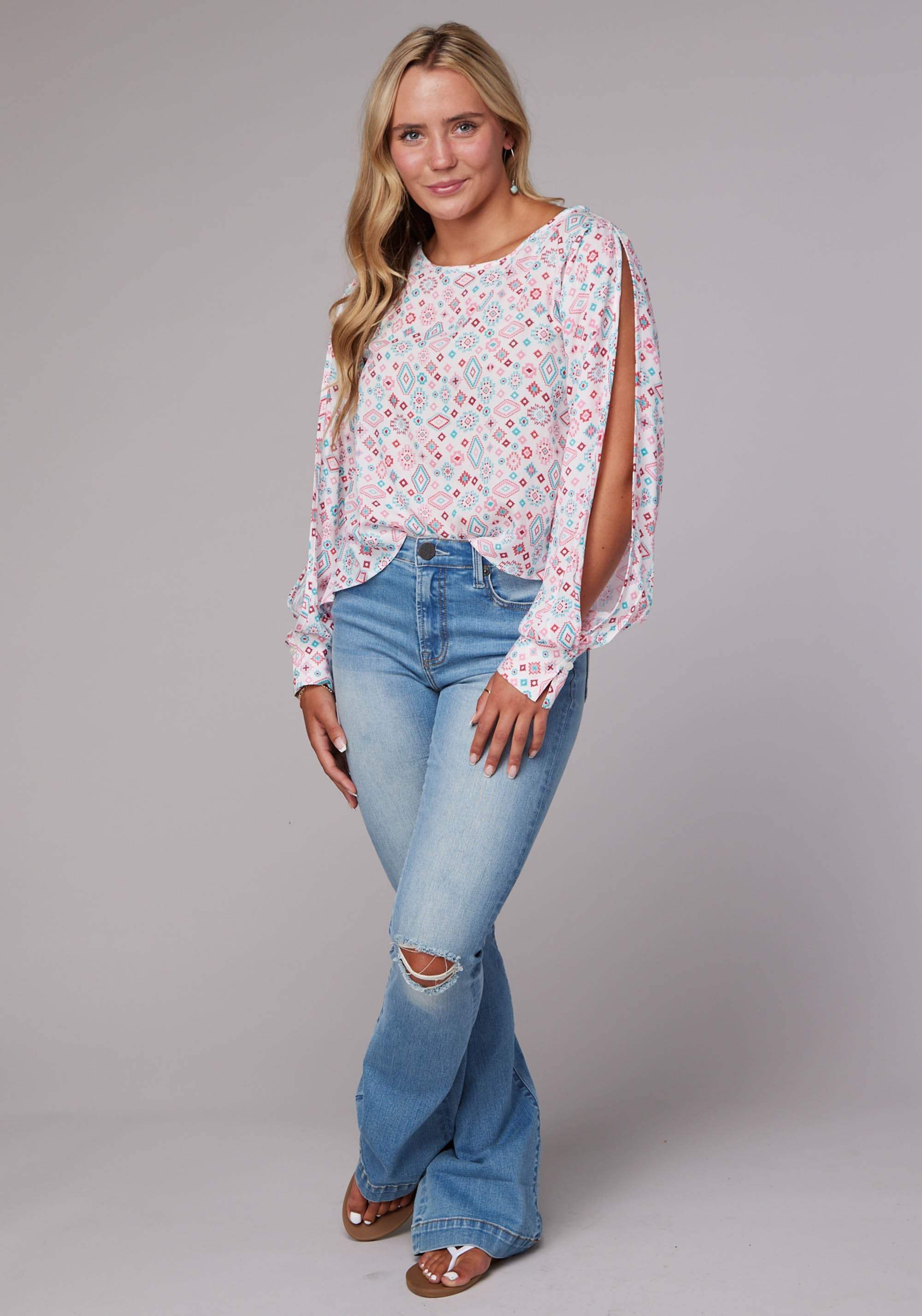 Roper Womens Long Sleeve Pullover Scattered Aztec Print Rayon Western Blouse Wide Scoop Neck Open Sleeve Tie At Cuff - Roper - Flyclothing LLC