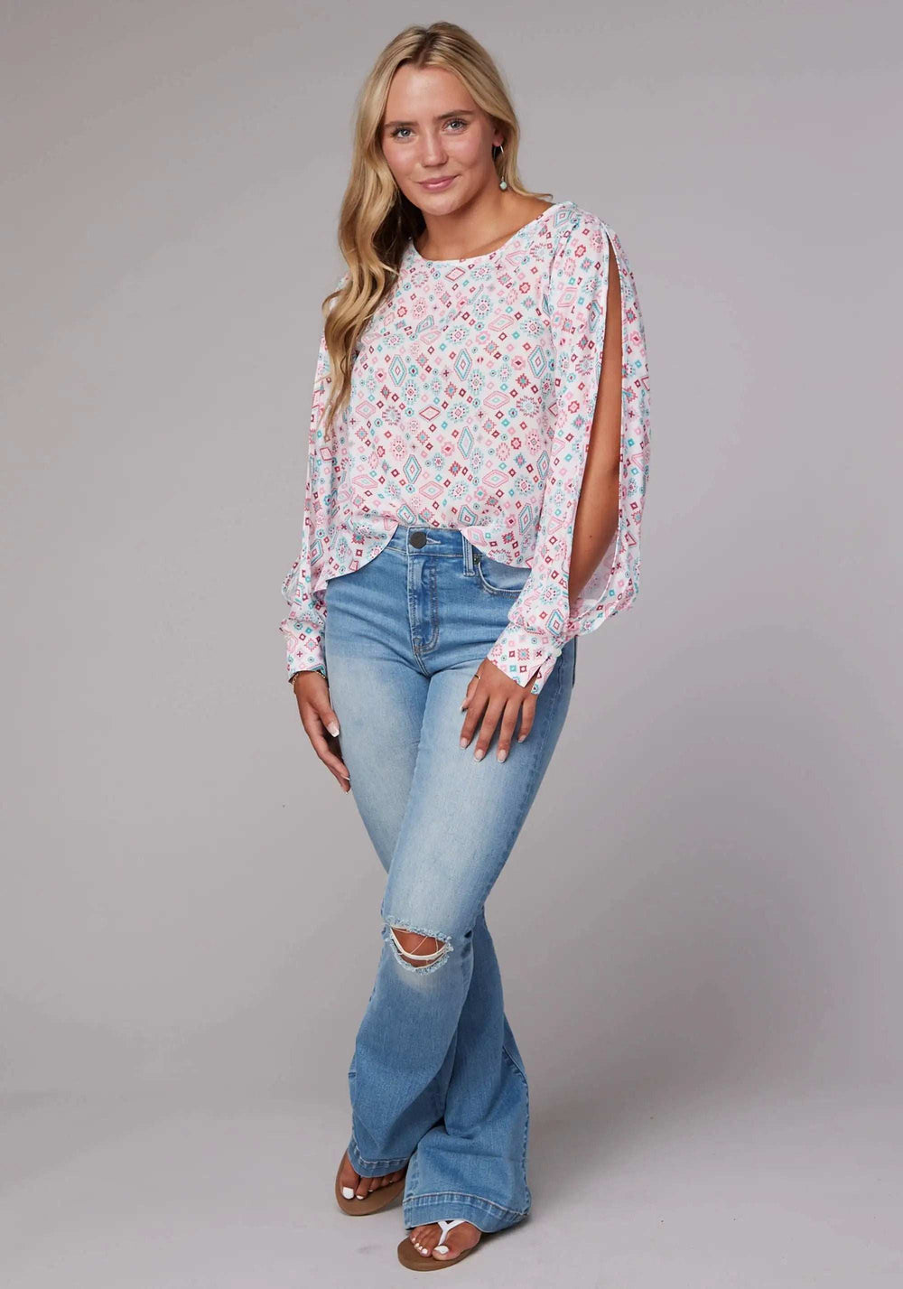 Roper Womens Long Sleeve Pullover Scattered Aztec Print Rayon Western Blouse Wide Scoop Neck Open Sleeve Tie At Cuff - Roper - Flyclothing LLC