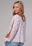 Roper Womens Long Sleeve Pullover Scattered Aztec Print Rayon Western Blouse Wide Scoop Neck Open Sleeve Tie At Cuff - Roper