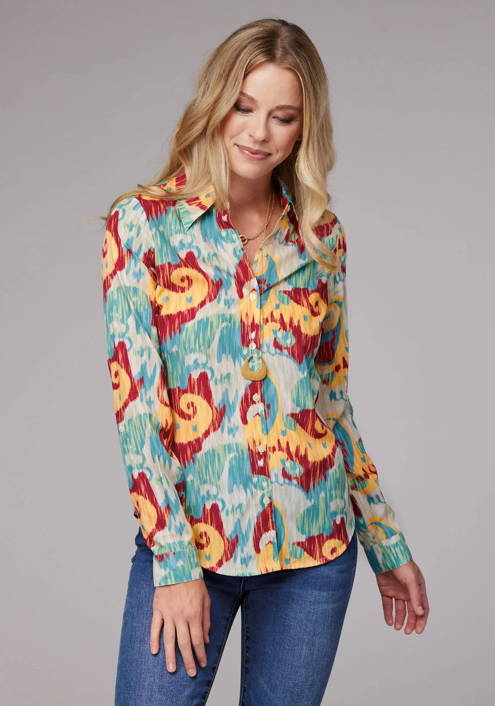 Roper Womens Long Sleeve Button Ikat Paisley Print Poly Crepe Western Shirt With Tab And Button On Sleeves - Roper