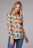 Roper Womens Long Sleeve Button Ikat Paisley Print Poly Crepe Western Shirt With Tab And Button On Sleeves - Roper