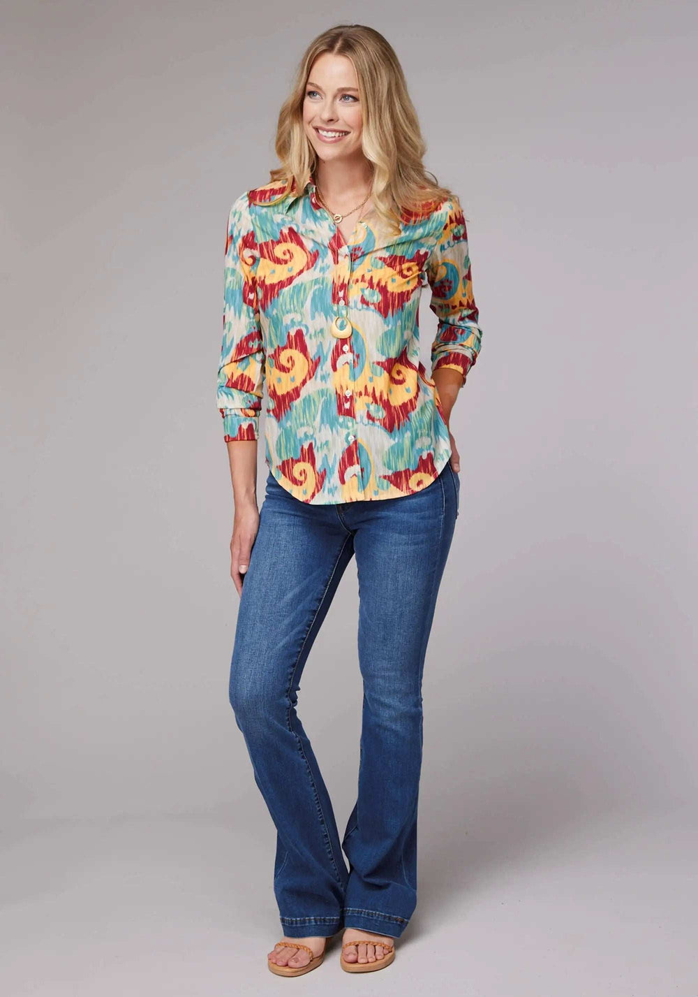 Roper Womens Long Sleeve Button Ikat Paisley Print Poly Crepe Western Shirt With Tab And Button On Sleeves - Roper - Flyclothing LLC