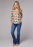 Roper Womens Long Sleeve Button Ikat Paisley Print Poly Crepe Western Shirt With Tab And Button On Sleeves - Roper