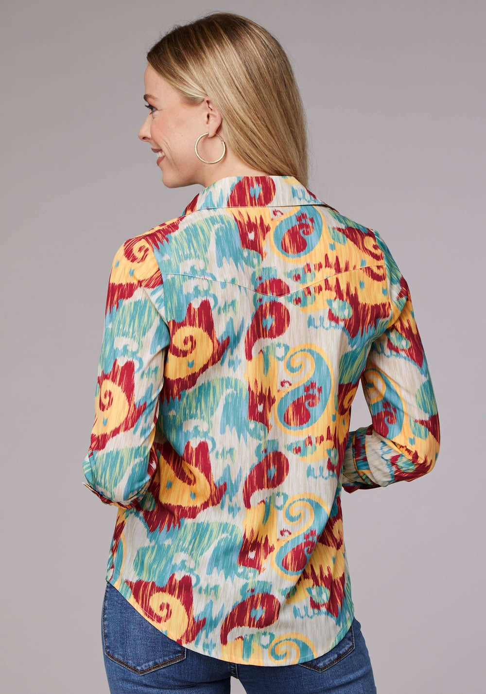 Roper Womens Long Sleeve Button Ikat Paisley Print Poly Crepe Western Shirt With Tab And Button On Sleeves - Roper - Flyclothing LLC