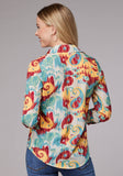 Roper Womens Long Sleeve Button Ikat Paisley Print Poly Crepe Western Shirt With Tab And Button On Sleeves - Roper