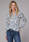 Roper Womens Long Sleeve Button Ditzy Floral Print Rayon Challis Western Shirt With Tab And Button On Sleeves - Roper