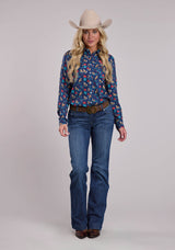 Womens Roper Navy Roses Printed Rayon Long Sleeve Snap Shirt