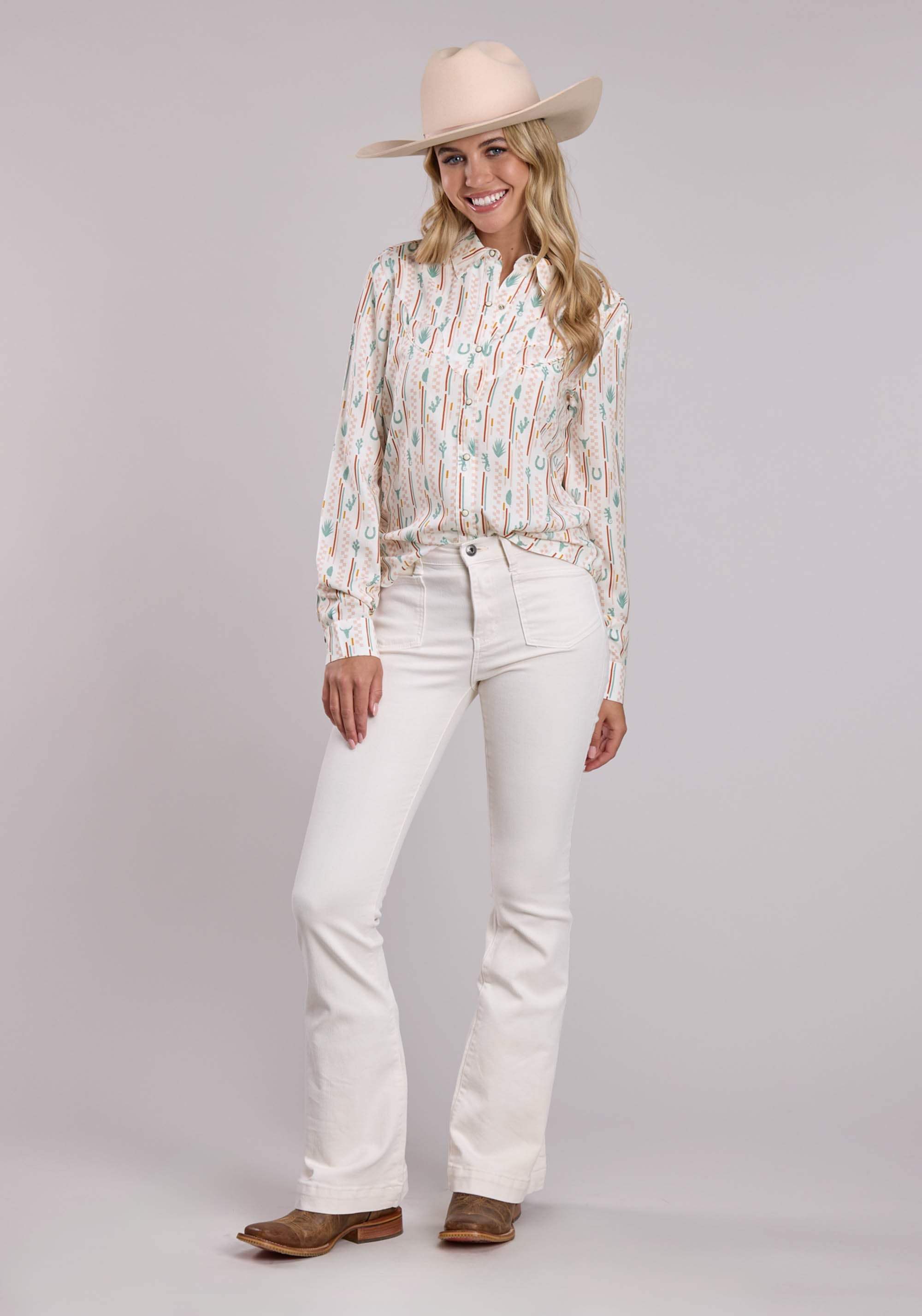Womens Roper Checker Stripe Printed Rayon Long Sleeve Snap Shirt - Roper - Flyclothing LLC