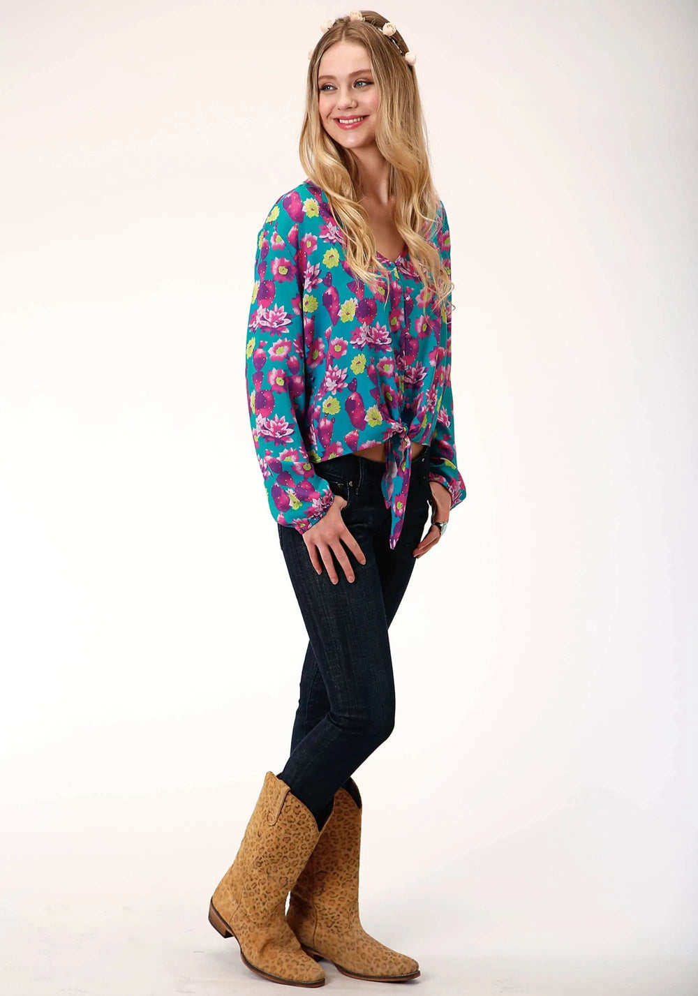 Roper Womens Blue Pink And Green Cactus Print Long Sleeve Western Shirt - Roper - Flyclothing LLC