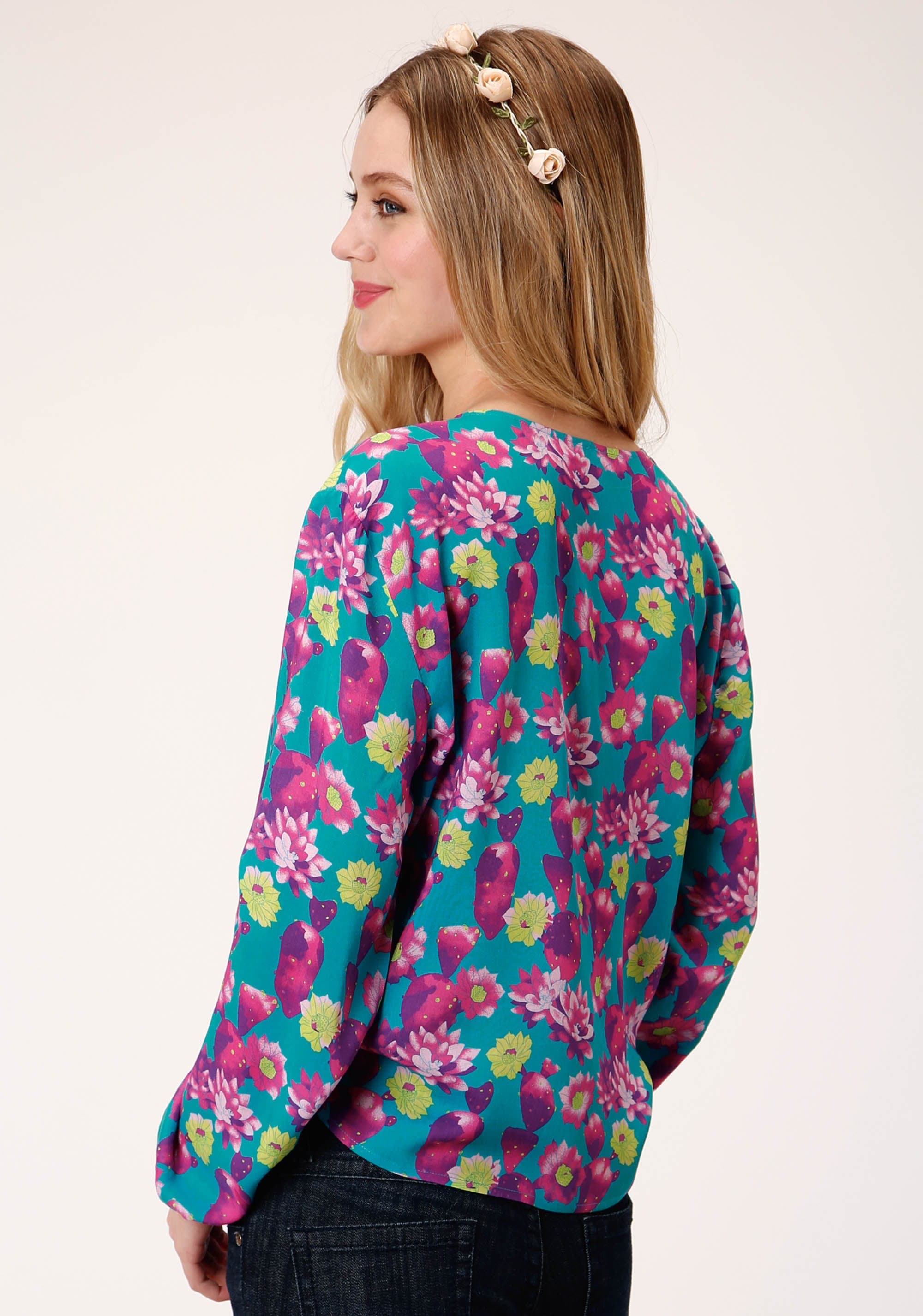 Roper Womens Blue Pink And Green Cactus Print Long Sleeve Western Shirt - Roper