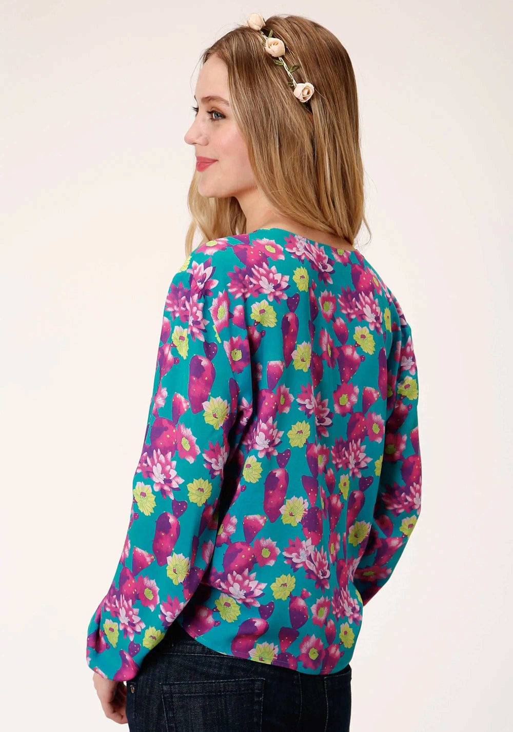 Roper Womens Blue Pink And Green Cactus Print Long Sleeve Western Shirt - Roper - Flyclothing LLC