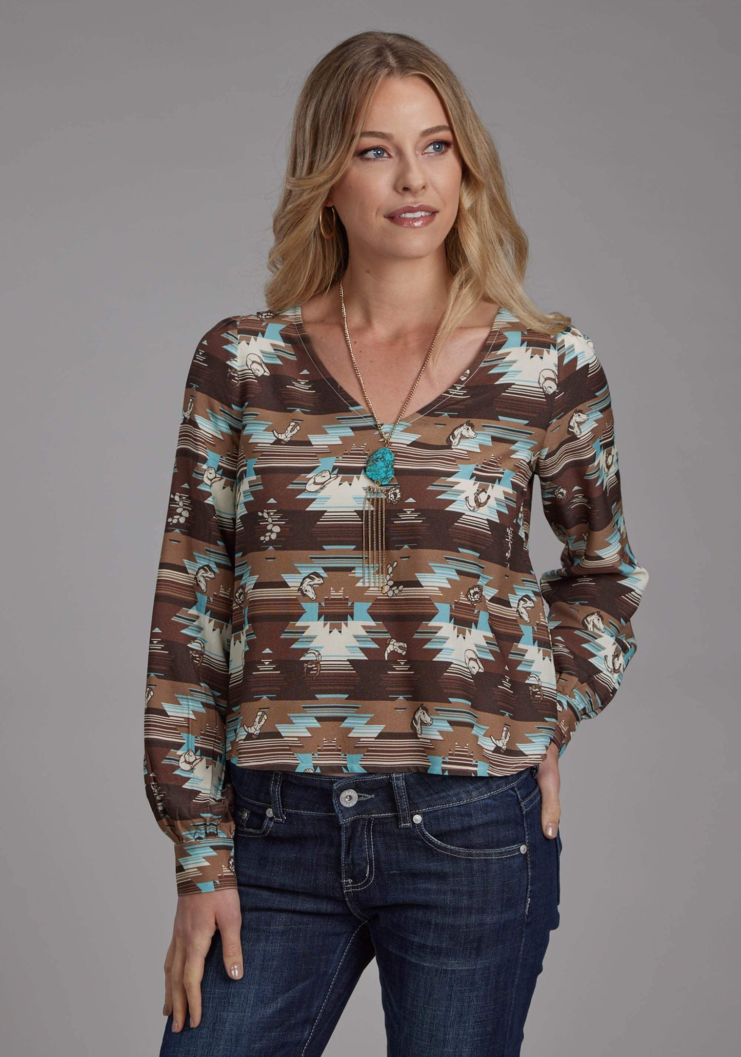 Roper Womens Icon Aztec Printed Rayon Blouse Long Sleeve Button Western Shirt - Roper - Flyclothing LLC