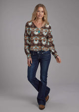 Roper Womens Icon Aztec Printed Rayon Blouse Long Sleeve Button Western Shirt - Roper - Flyclothing LLC
