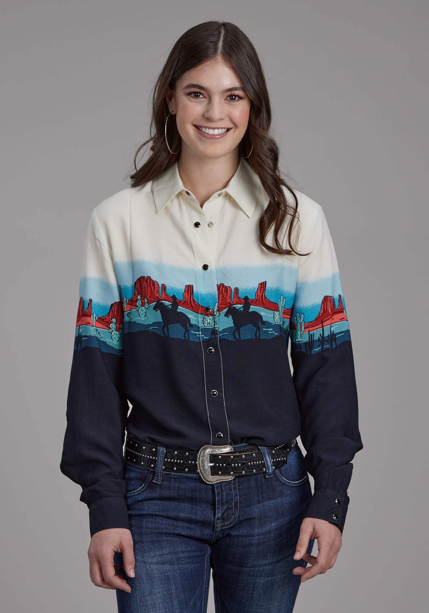 Roper Womens Western Border Printed Rayon Long Sleeve Snap Western Shirt - Roper - Flyclothing LLC
