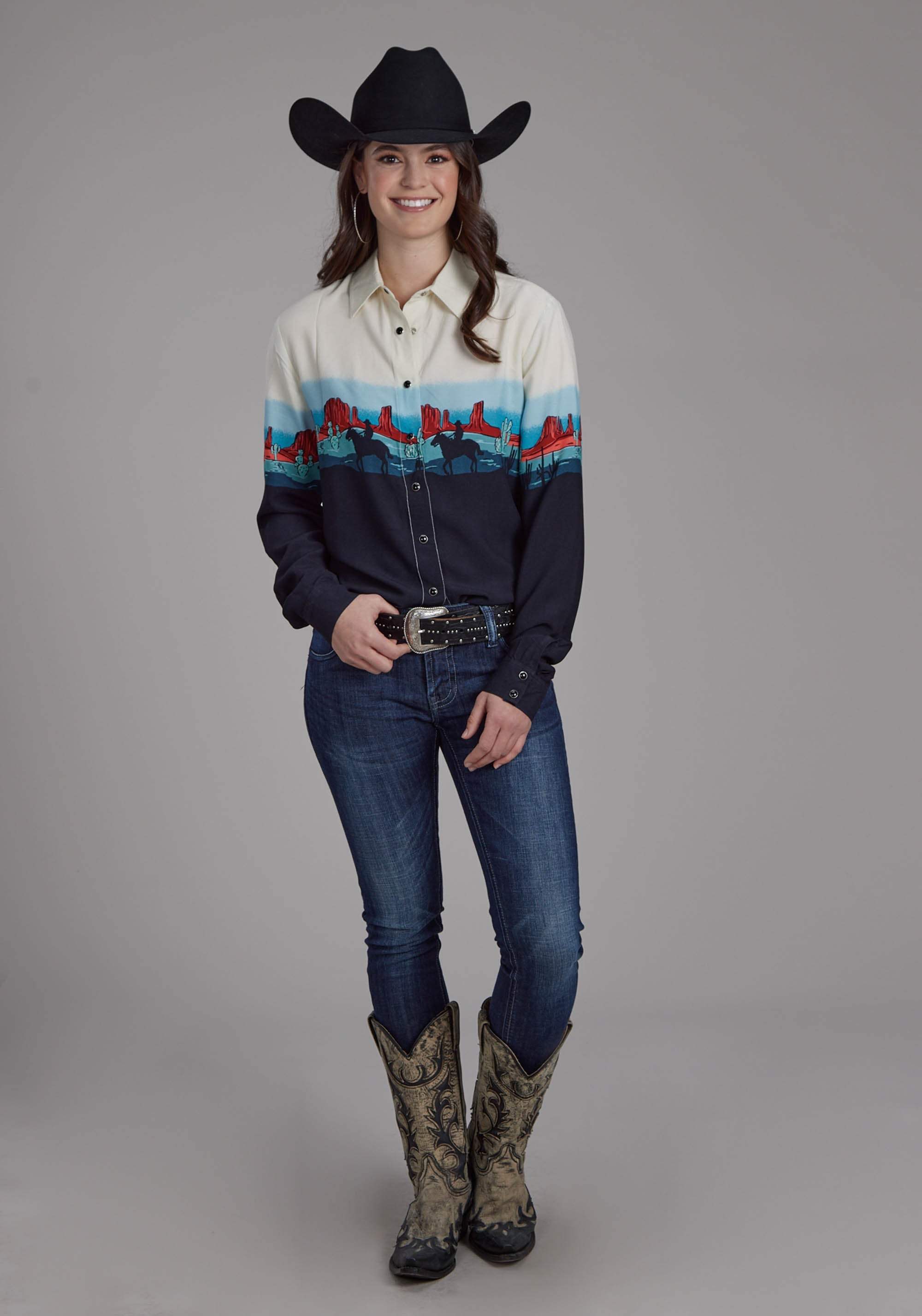 Roper Womens Western Border Printed Rayon Long Sleeve Snap Western Shirt - Roper - Flyclothing LLC