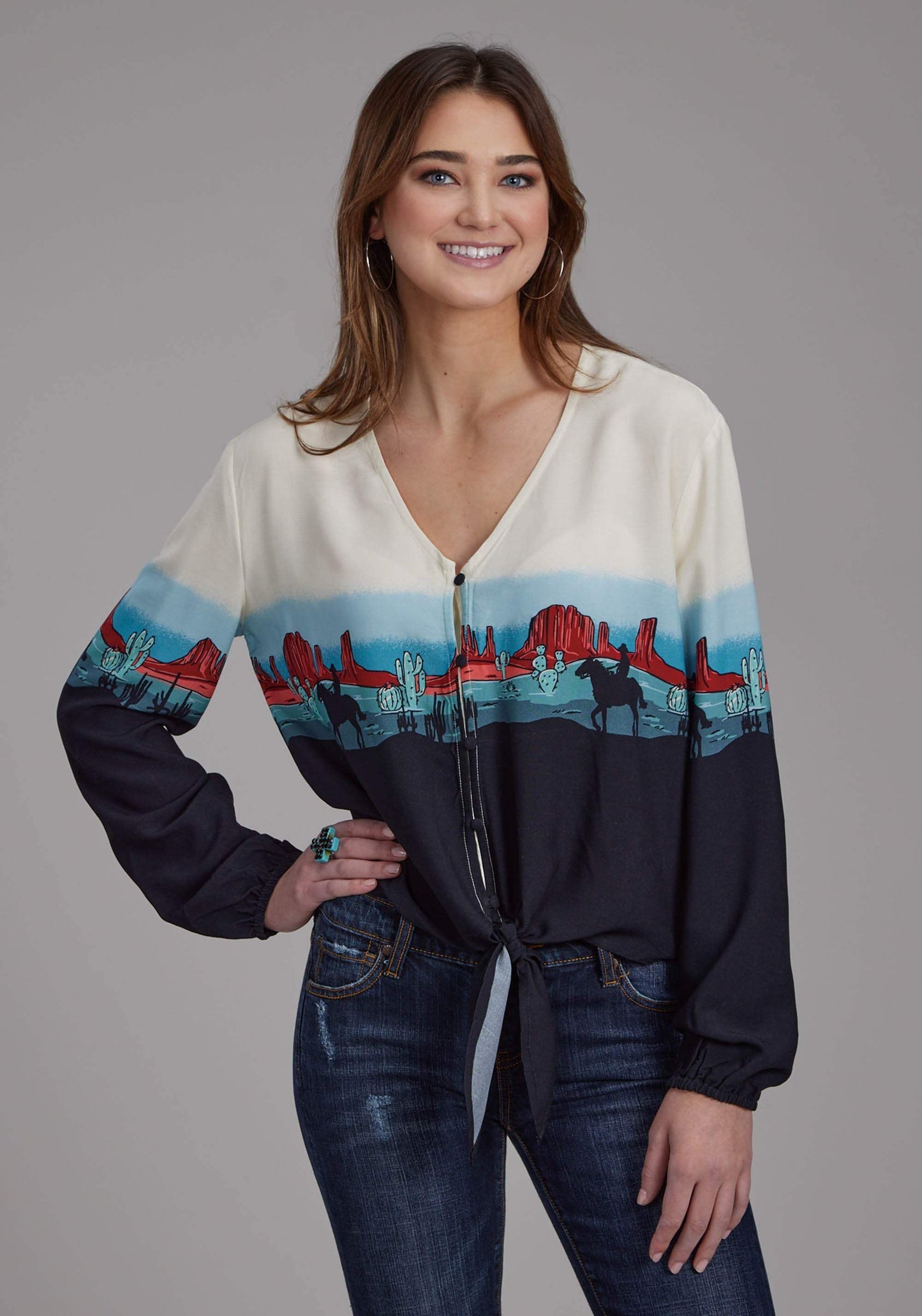 Roper Womens Western Border Printed Rayon Long Sleeve Button Western Shirt - Roper - Flyclothing LLC