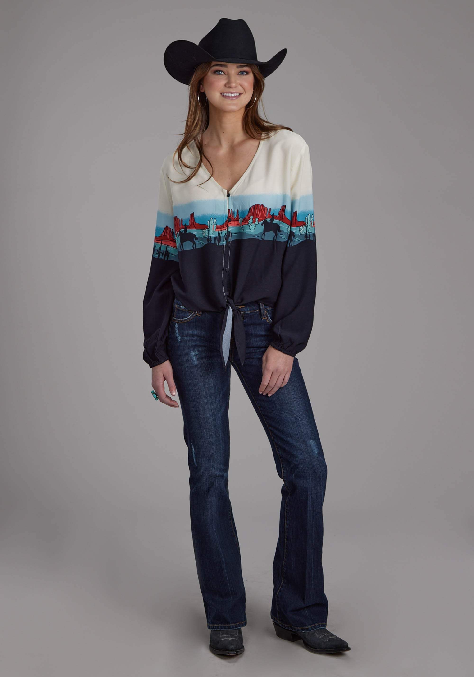 Roper Womens Western Border Printed Rayon Long Sleeve Button Western Shirt - Roper - Flyclothing LLC
