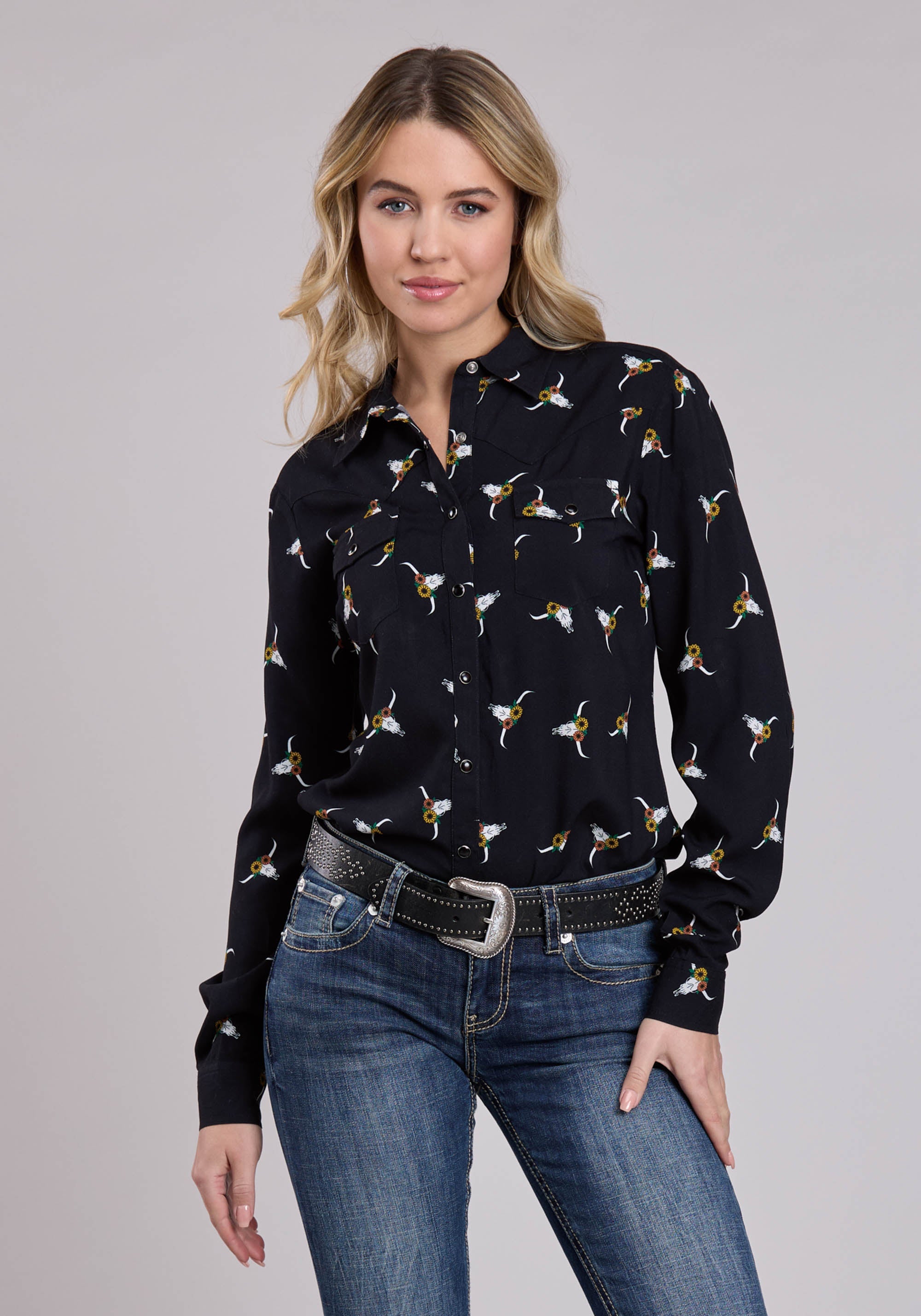 Roper Womens Long Sleeve Snap Skull Print Western Blouse Western Shirt