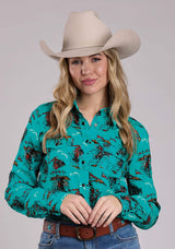 Roper Womens Long Sleeve Snap Retro Rodeo Print Western Shirt - Roper - Flyclothing LLC