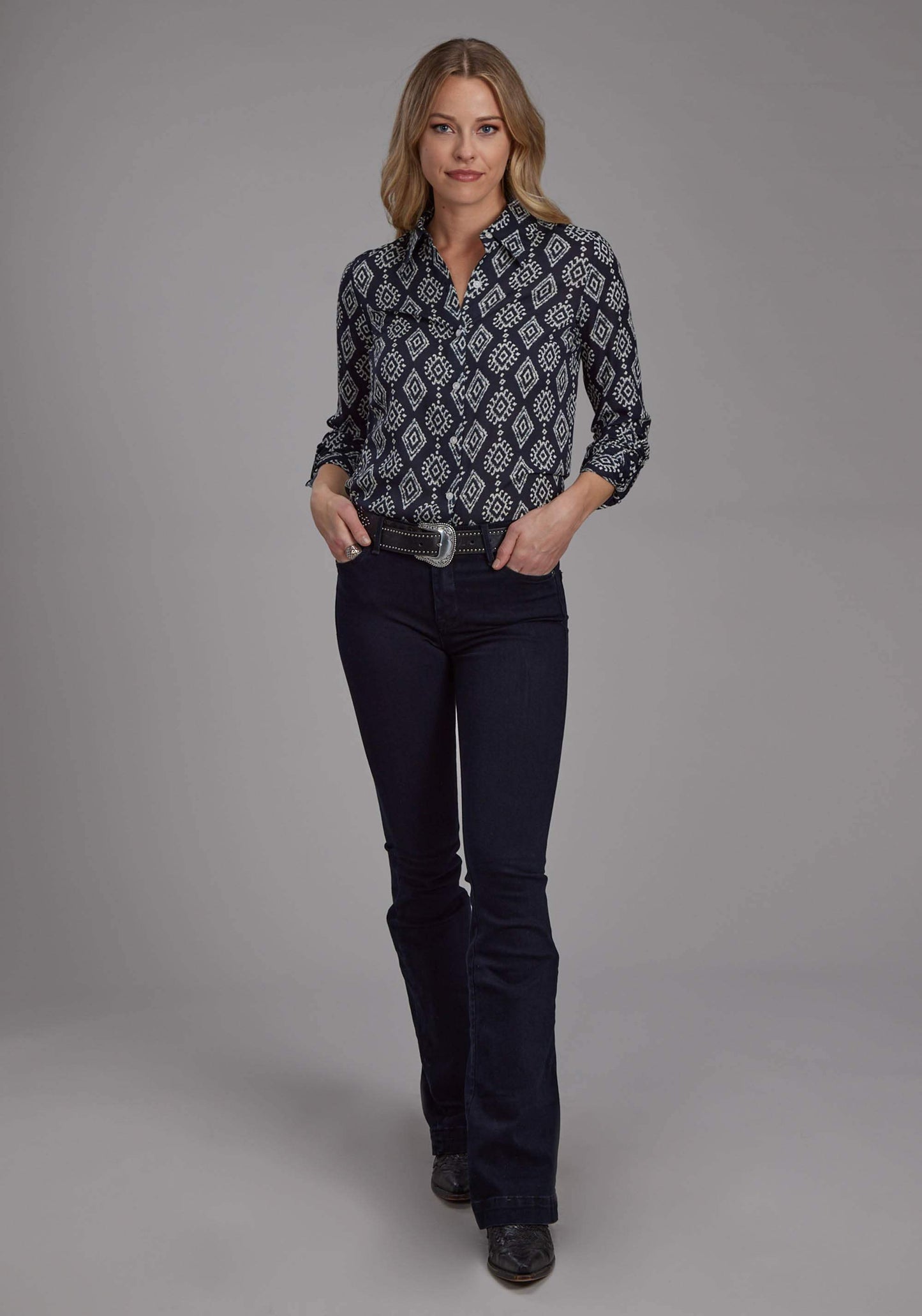 Roper Womens Black Cream Ikat Print Rayon Long Sleeve Button Western Shirt - Roper - Flyclothing LLC