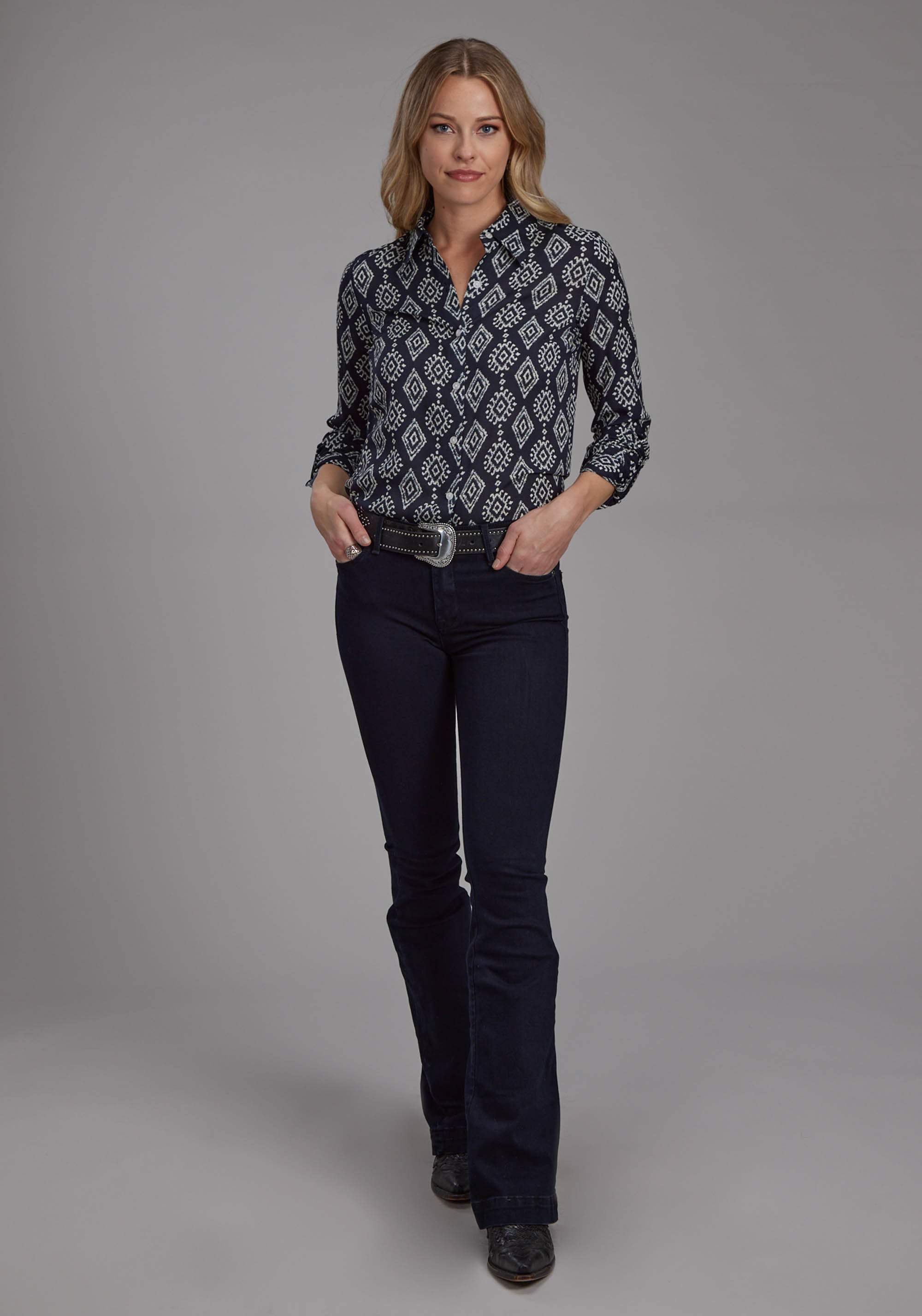 Roper Womens Black Cream Ikat Print Rayon Long Sleeve Button Western Shirt - Roper - Flyclothing LLC