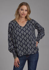 Roper Womens Black Cream Ikat Print Rayon Long Sleeve Pullover Western