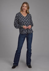 Roper Womens Black Cream Ikat Print Rayon Long Sleeve Pullover Western Shirt
