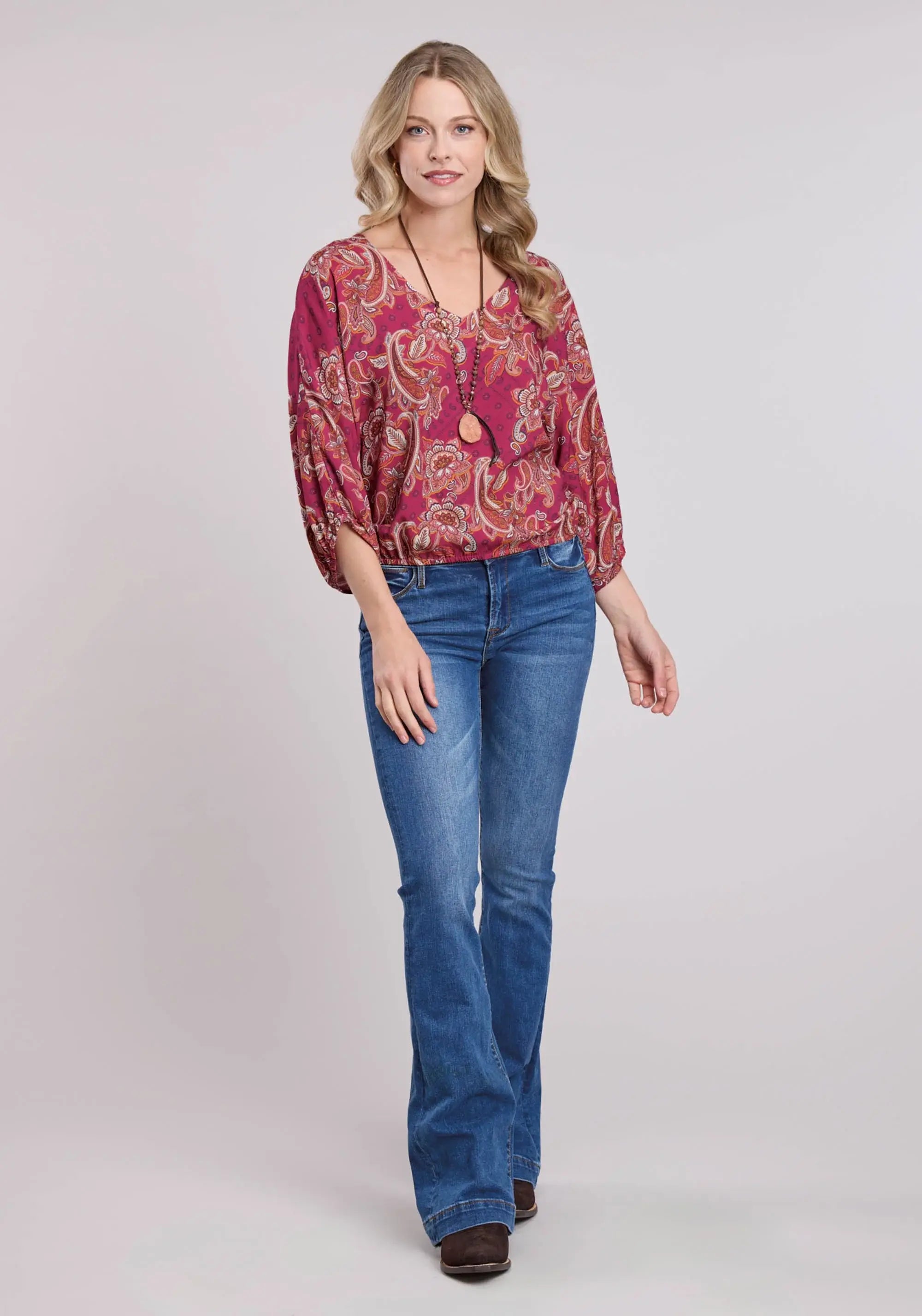 Womens Long Sleeve Pullover Rasp Paisley Bandana Print Rayonr Western Shirt - Roper - Flyclothing LLC