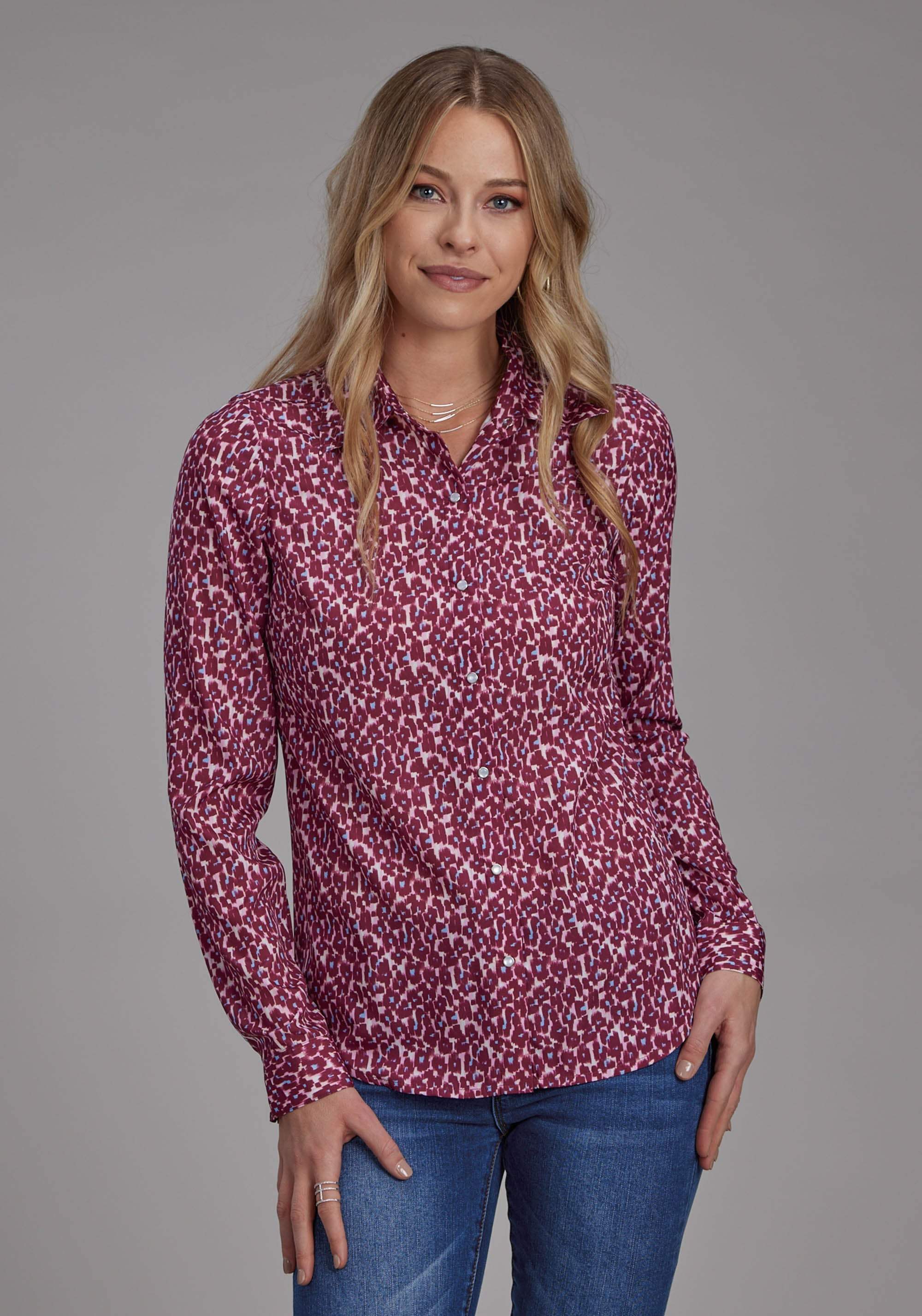Roper Womens Leopard Print Poly Crepe Blouse Long Sleeve Snap Western Shirt - Roper - Flyclothing LLC