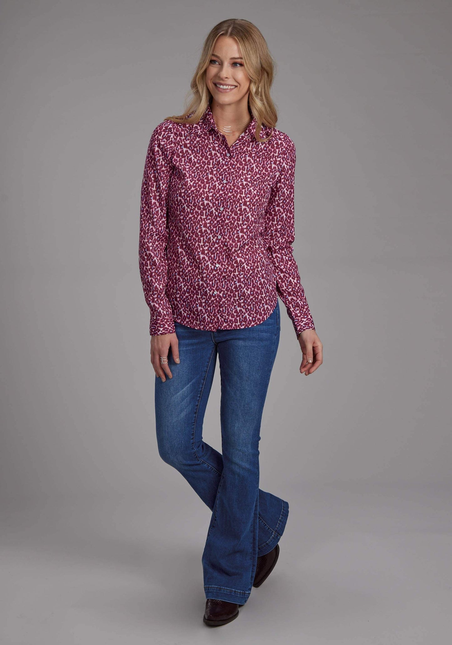Roper Womens Leopard Print Poly Crepe Blouse Long Sleeve Snap Western Shirt - Roper - Flyclothing LLC