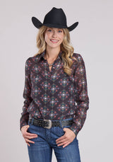 Roper Womens Long Sleeve Snap Poly Aztec Brights Print Top Western Shi