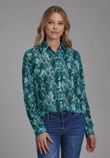 Roper Womens Teal Feather Print Georgette Long Sleeve Button Western S