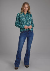 Roper Womens Teal Feather Print Georgette Long Sleeve Button Western Shirt