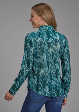 Roper Womens Teal Feather Print Georgette Long Sleeve Button Western Shirt