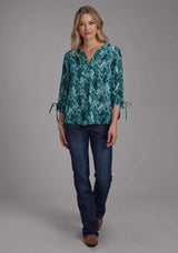 Roper Womens Teal Feather Print Georgette Long Sleeve Button Western Shirt - Roper - Flyclothing LLC