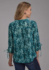 Roper Womens Teal Feather Print Georgette Long Sleeve Button Western Shirt - Roper - Flyclothing LLC