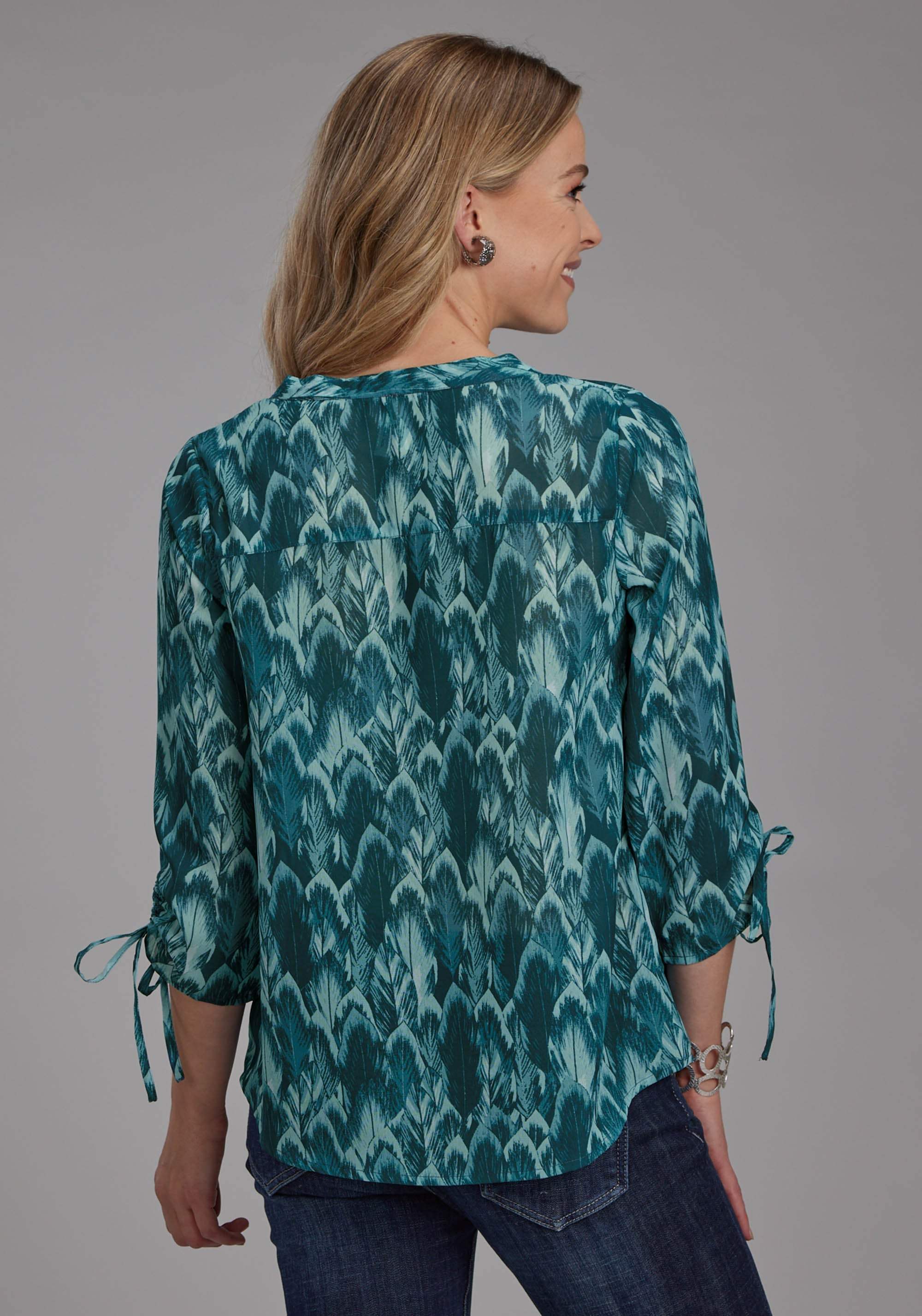 Roper Womens Teal Feather Print Georgette Long Sleeve Button Western Shirt - Roper - Flyclothing LLC