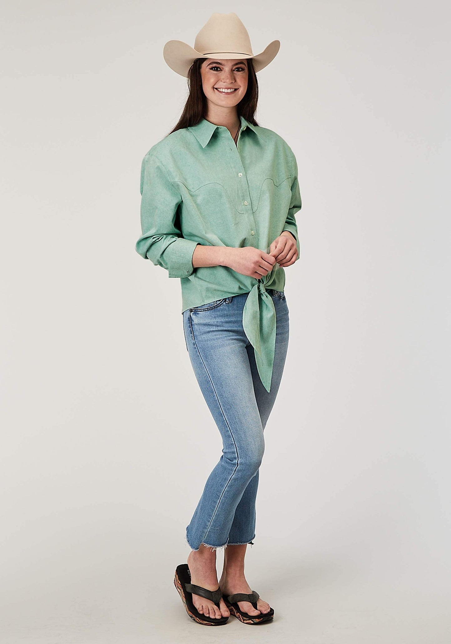 Roper Womens Long Sleeve Button Light Blue Denim Retro Western Blouse Retro Front And Back Yokes Cropped With Front Ties - Roper - Flyclothing LLC