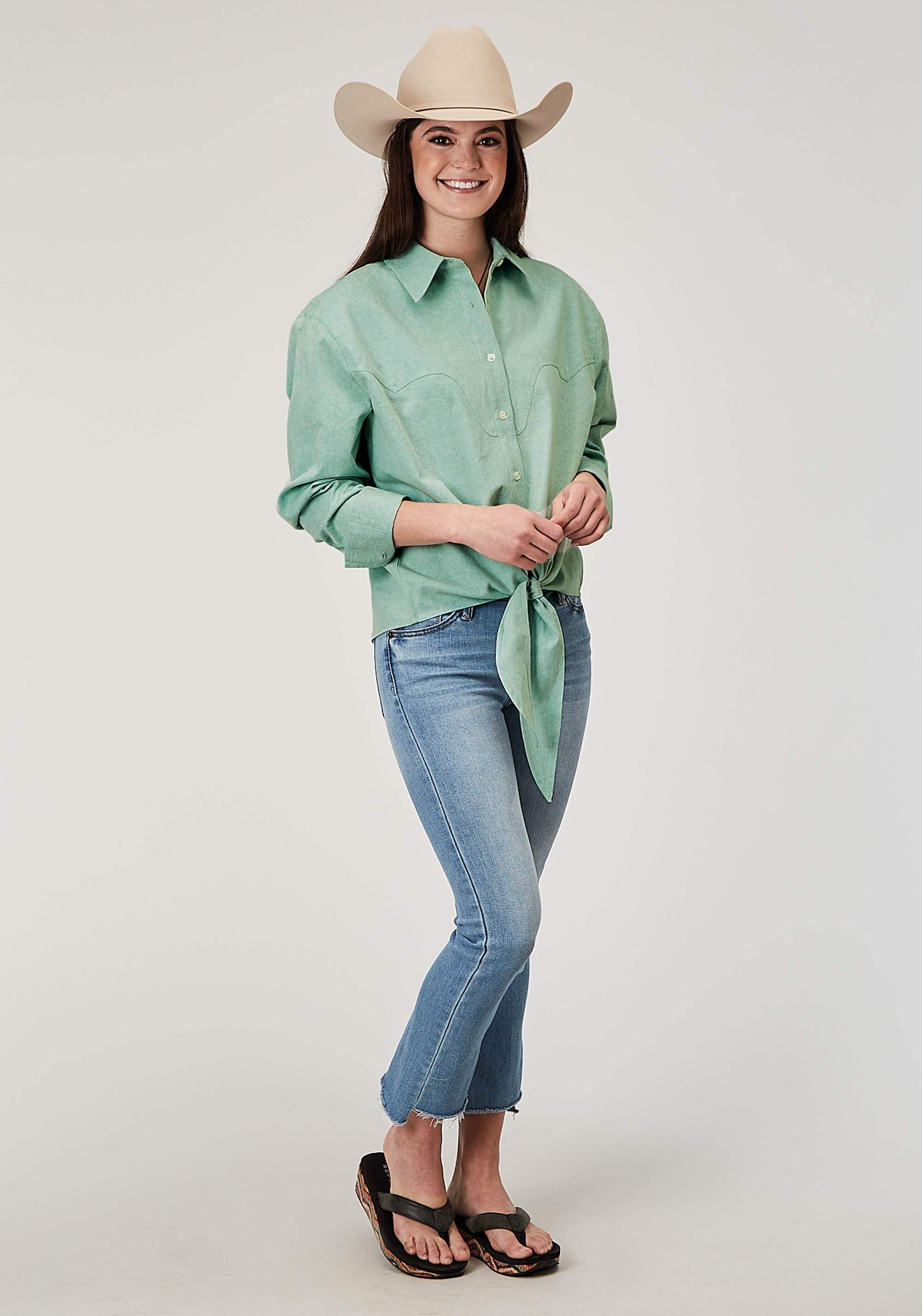Roper Womens Long Sleeve Button Light Blue Denim Retro Western Blouse Retro Front And Back Yokes Cropped With Front Ties - Roper - Flyclothing LLC