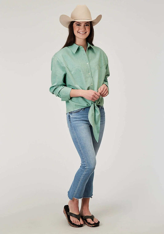 Roper Womens Long Sleeve Button Light Blue Denim Retro Western Blouse Retro Front And Back Yokes Cropped With Front Ties - Roper - Flyclothing LLC