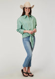 Roper Womens Long Sleeve Button Light Blue Denim Retro Western Blouse Retro Front And Back Yokes Cropped With Front Ties - Roper