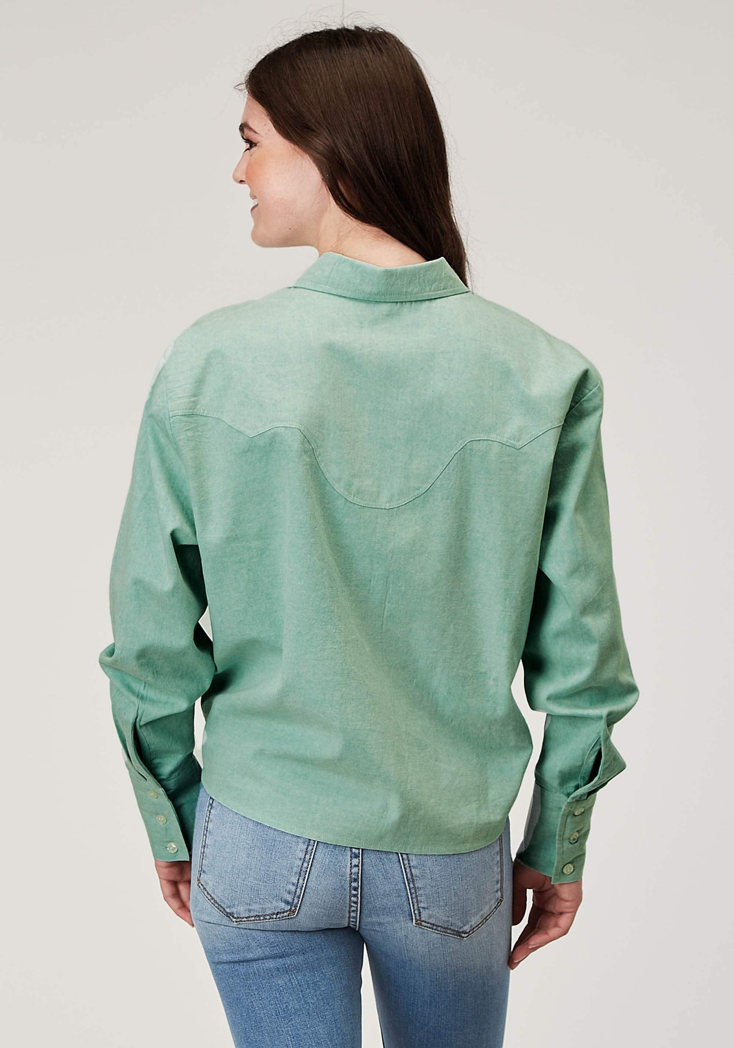 Roper Womens Long Sleeve Button Light Blue Denim Retro Western Blouse Retro Front And Back Yokes Cropped With Front Ties - Roper - Flyclothing LLC