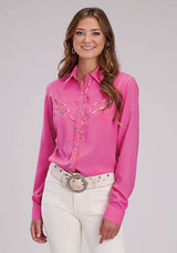 Roper Womens Long Sleeve Snap Solid Pink Rayon Wstn Blouse Western Shi