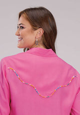Roper Womens Long Sleeve Snap Solid Pink Rayon Wstn Blouse Western Shirt