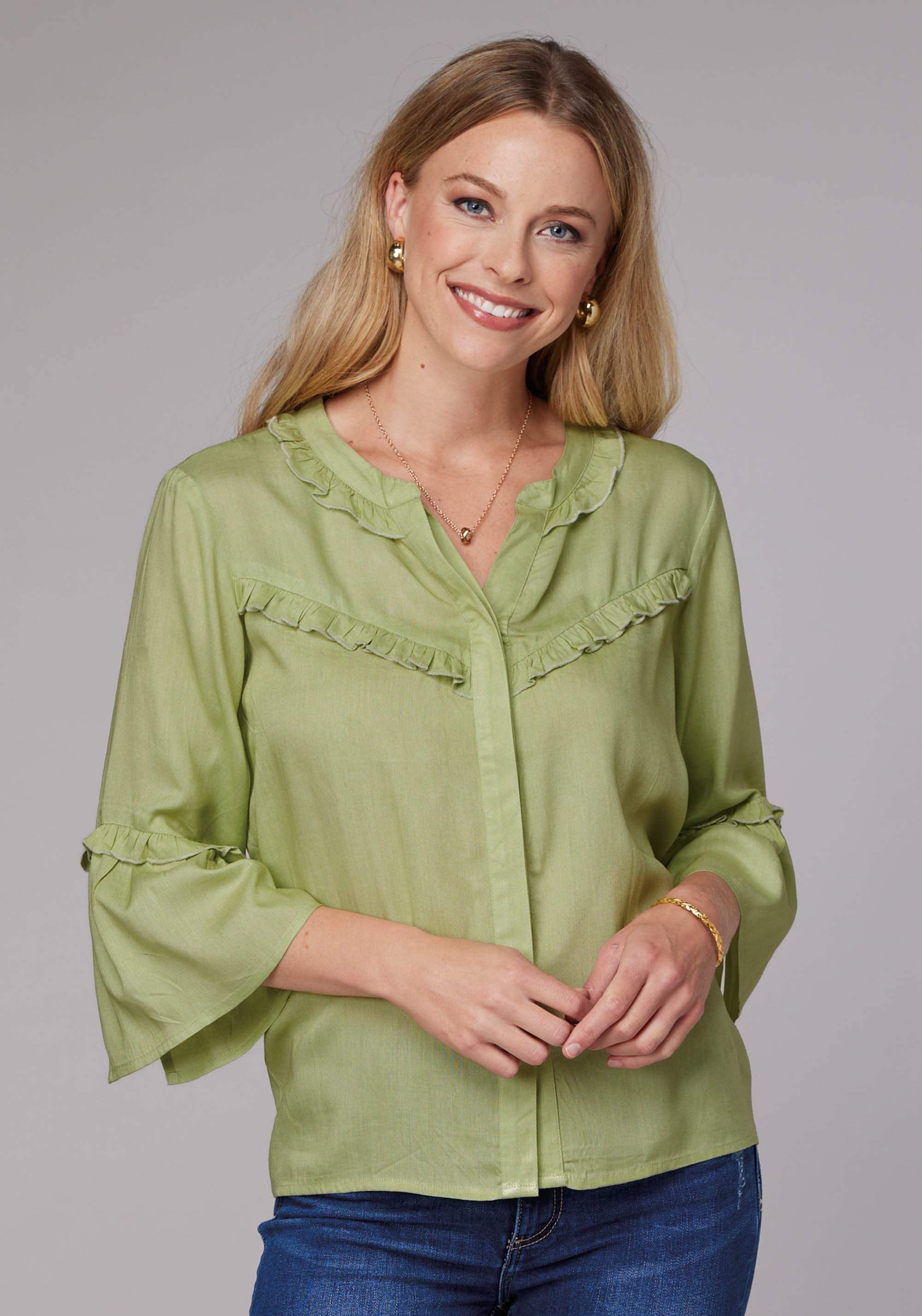 Roper Womens Long Sleeve Button Lime Green Rayon Challis Western Blouse With Ruffle Detail Elbow Length Bell Sleeve - Roper - Flyclothing LLC
