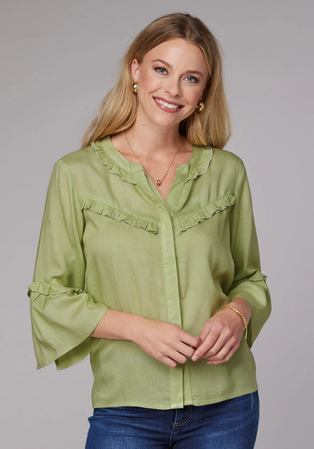 Roper Womens Long Sleeve Button Lime Green Rayon Challis Western Blouse With Ruffle Detail Elbow Length Bell Sleeve - Roper
