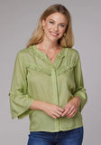 Roper Womens Long Sleeve Button Lime Green Rayon Challis Western Blouse With Ruffle Detail Elbow Length Bell Sleeve - Roper