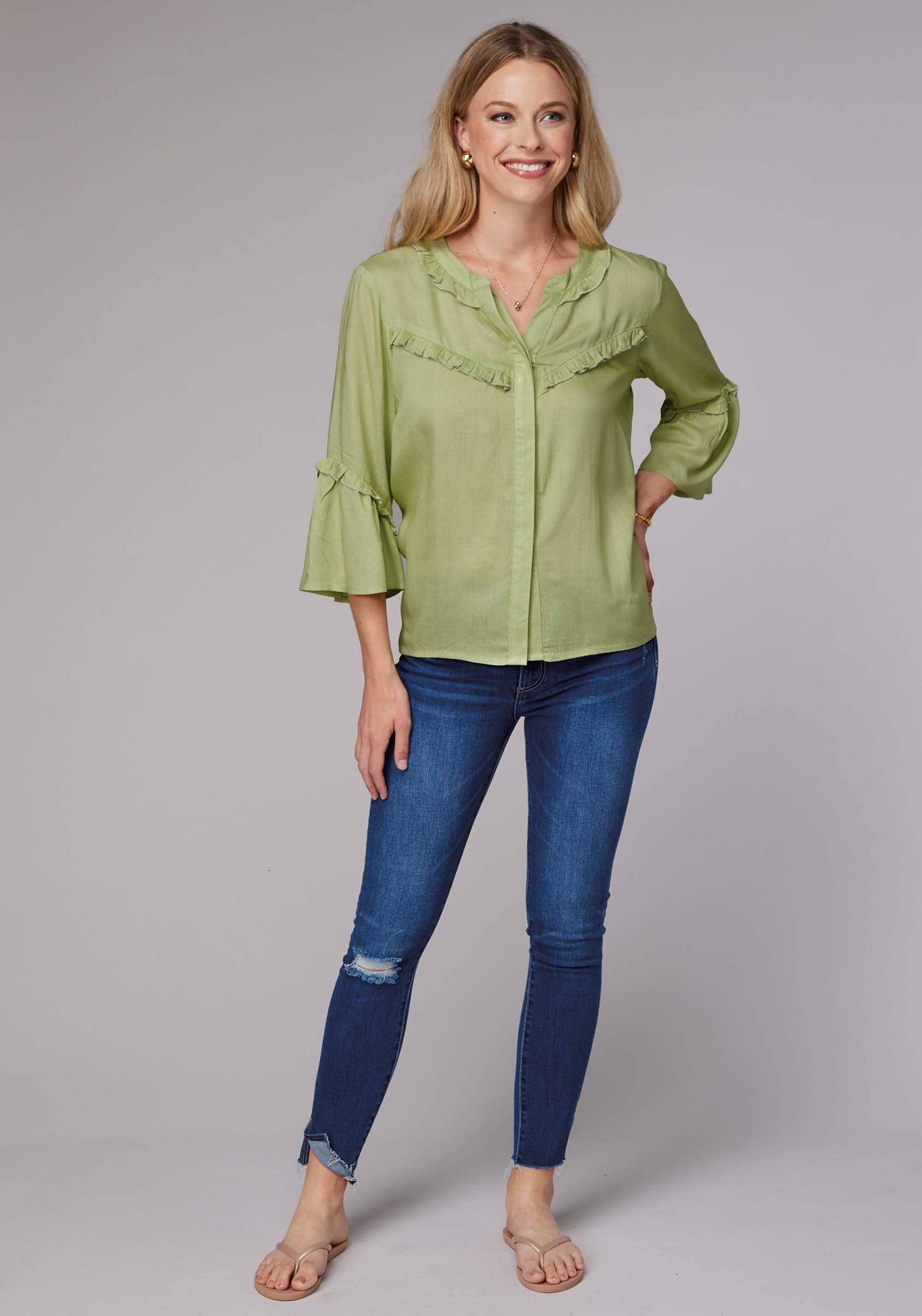 Roper Womens Long Sleeve Button Lime Green Rayon Challis Western Blouse With Ruffle Detail Elbow Length Bell Sleeve - Roper - Flyclothing LLC