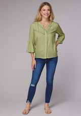 Roper Womens Long Sleeve Button Lime Green Rayon Challis Western Blouse With Ruffle Detail Elbow Length Bell Sleeve - Roper - Flyclothing LLC
