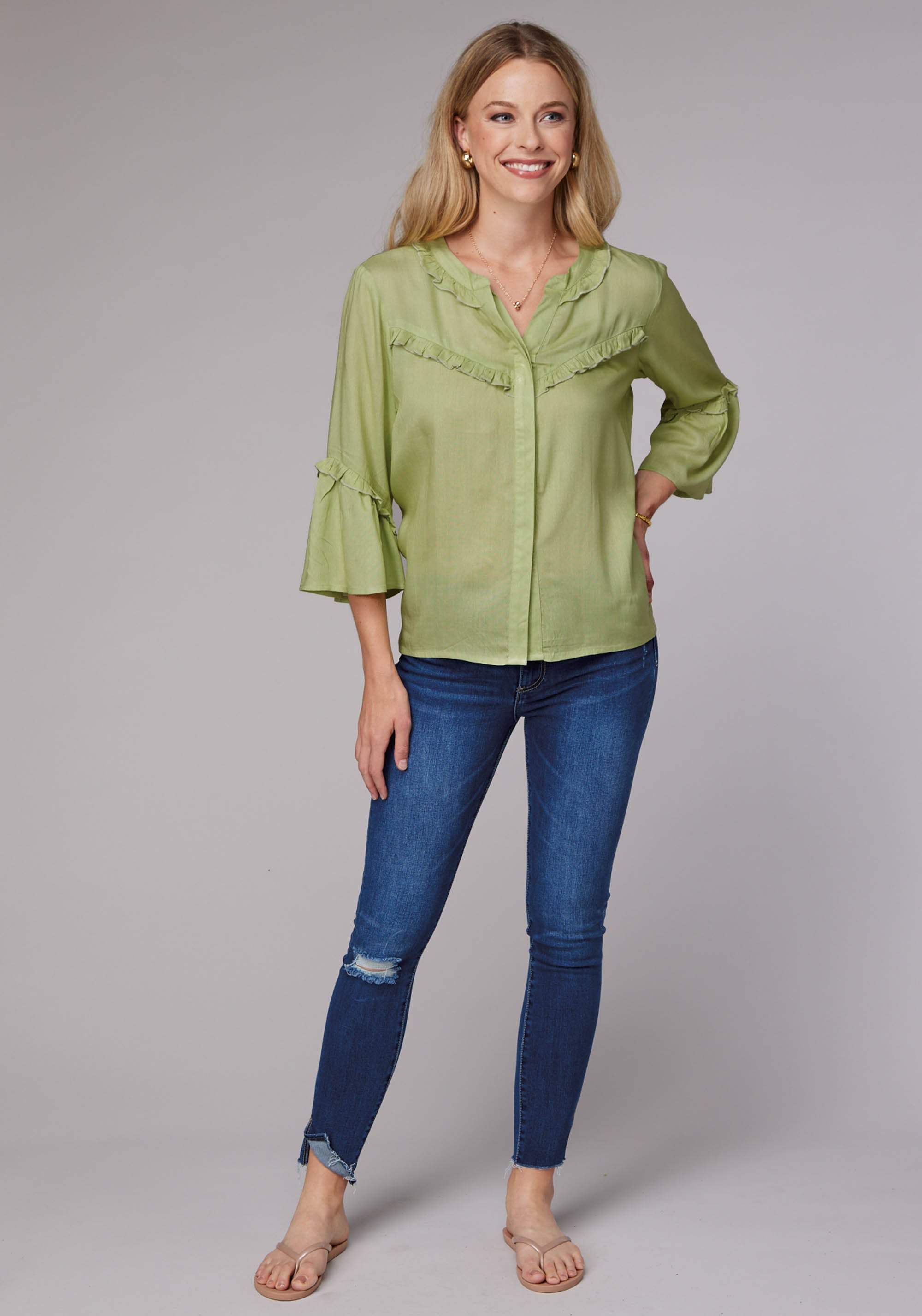 Roper Womens Long Sleeve Button Lime Green Rayon Challis Western Blouse With Ruffle Detail Elbow Length Bell Sleeve - Roper - Flyclothing LLC